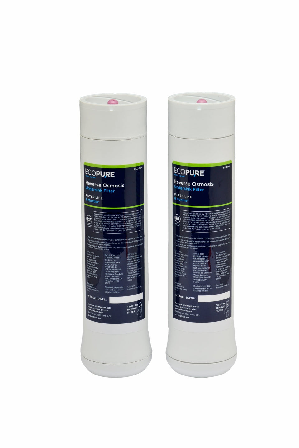 EcoPure ECOROF Stage 1 filter encapsulated for quick, mess-free replacement and improved water clarity.