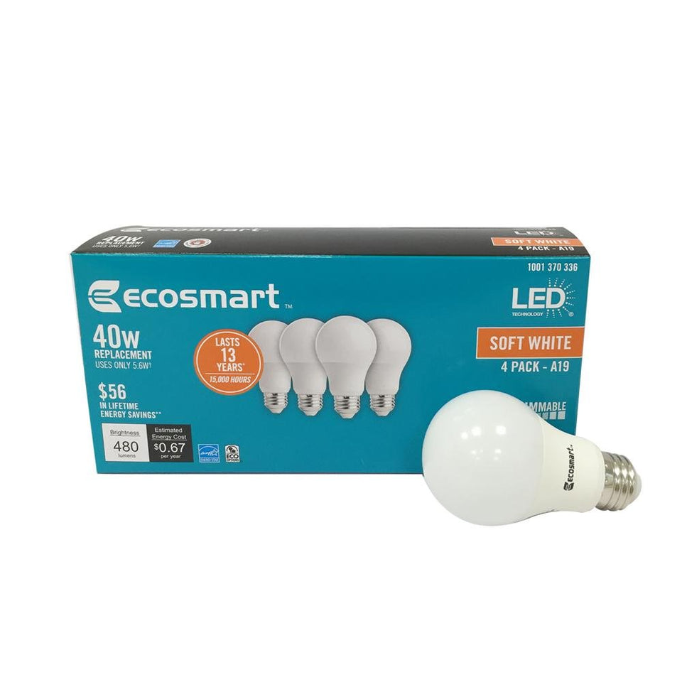 EcoSmart LED A19 dimmable bulb in soft white for cozy living spaces.