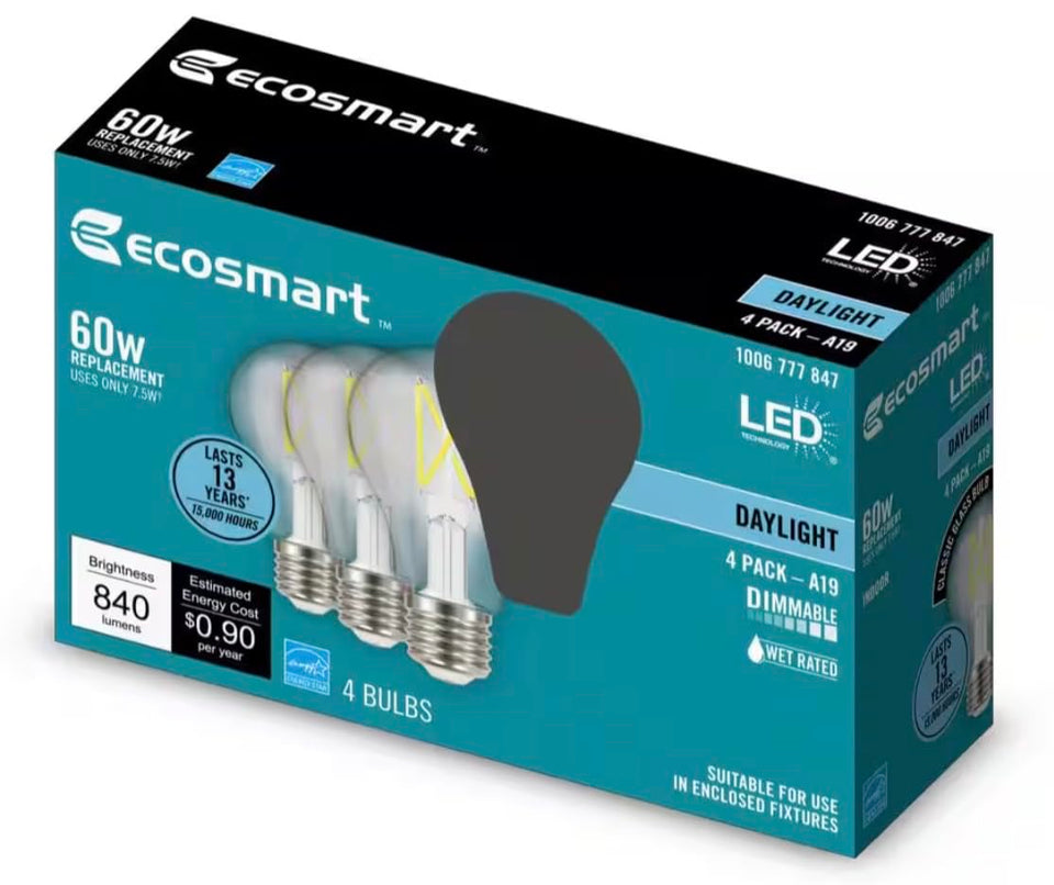 EcoSmart 60W LED daylight A19 bulb provides bright, energy efficient room lighting