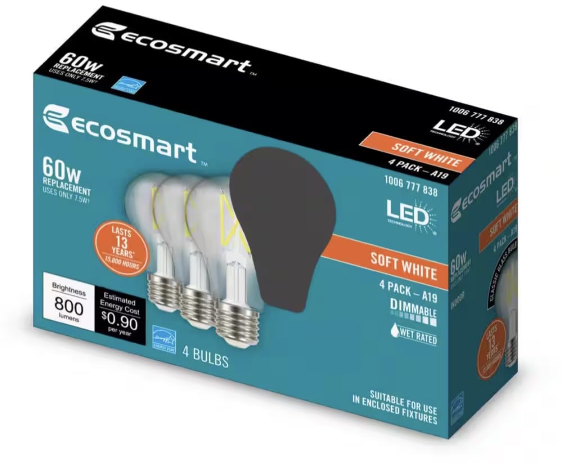 EcoSmart 60W LED Soft White Vintage A19 4-Pack ready to retrofit in retro fixtures.