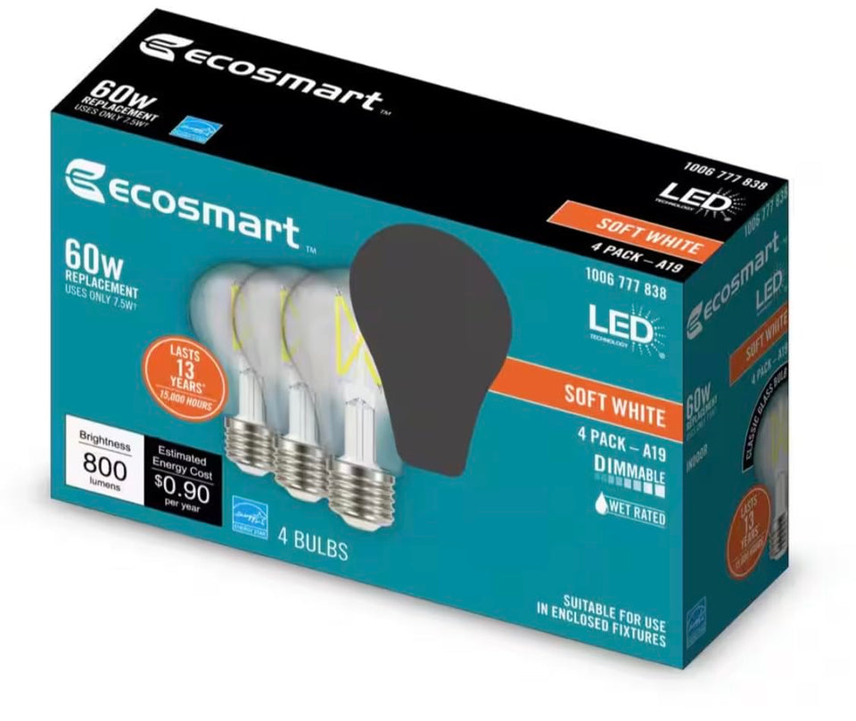 EcoSmart 60W LED Soft White Vintage A19 4-Pack ready to retrofit in retro fixtures.