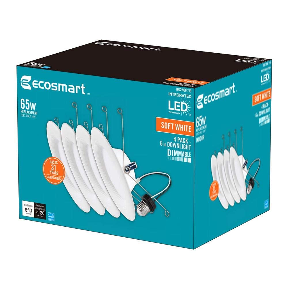 EcoSmart 6-inch integrated LED recessed light trim, soft white, dimmable, ideal for damp spaces.