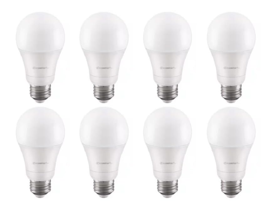 EcoSmart A19 dimmable bulb shown with a dimmer switch for adjustable brightness
