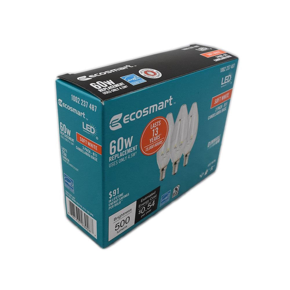 EcoSmart B11 filament LED bulbs 3-pack for versatile lighting.