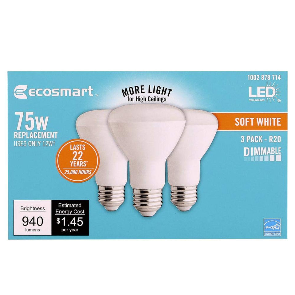 EcoSmart BR20 soft white LED bulb 3-pack providing uniform recessed can illumination.