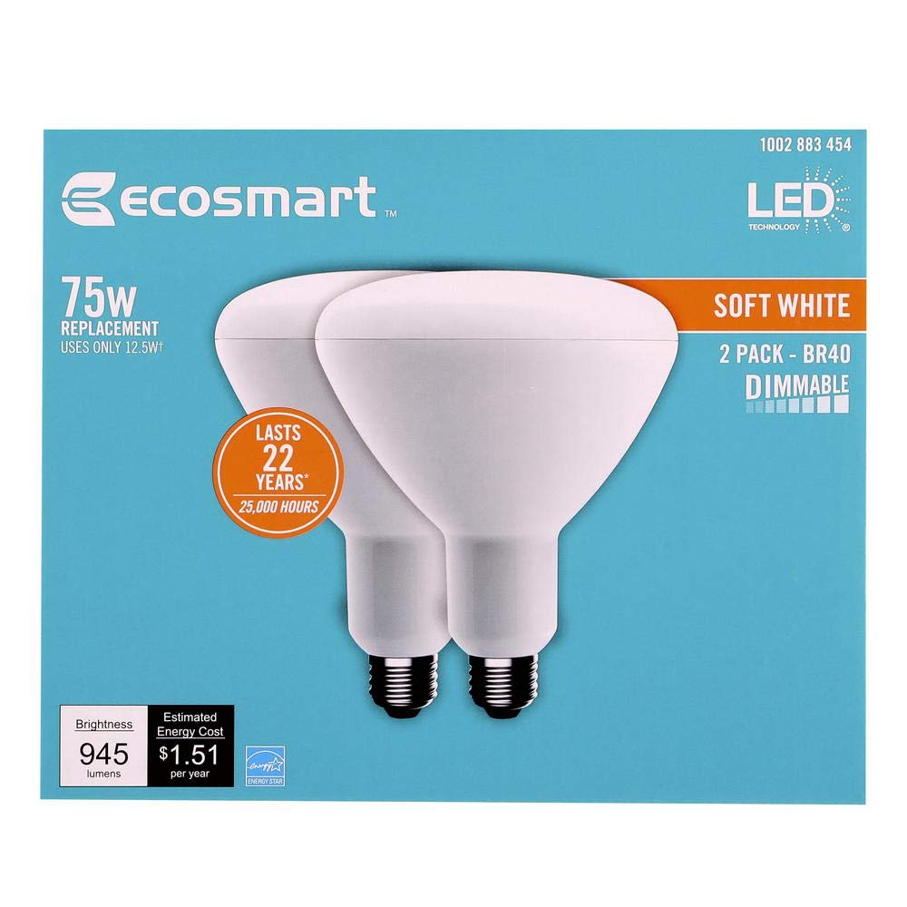 EcoSmart BR40 LED bulb front view with soft white glow