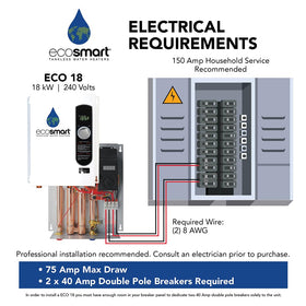 EcoSmart ECO 18 wiring setup illustrates dual-pole breakers and 8 AWG wires.