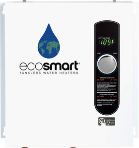 EcoSmart Eco 27 tankless water heater front view, compact unit for tight spaces.