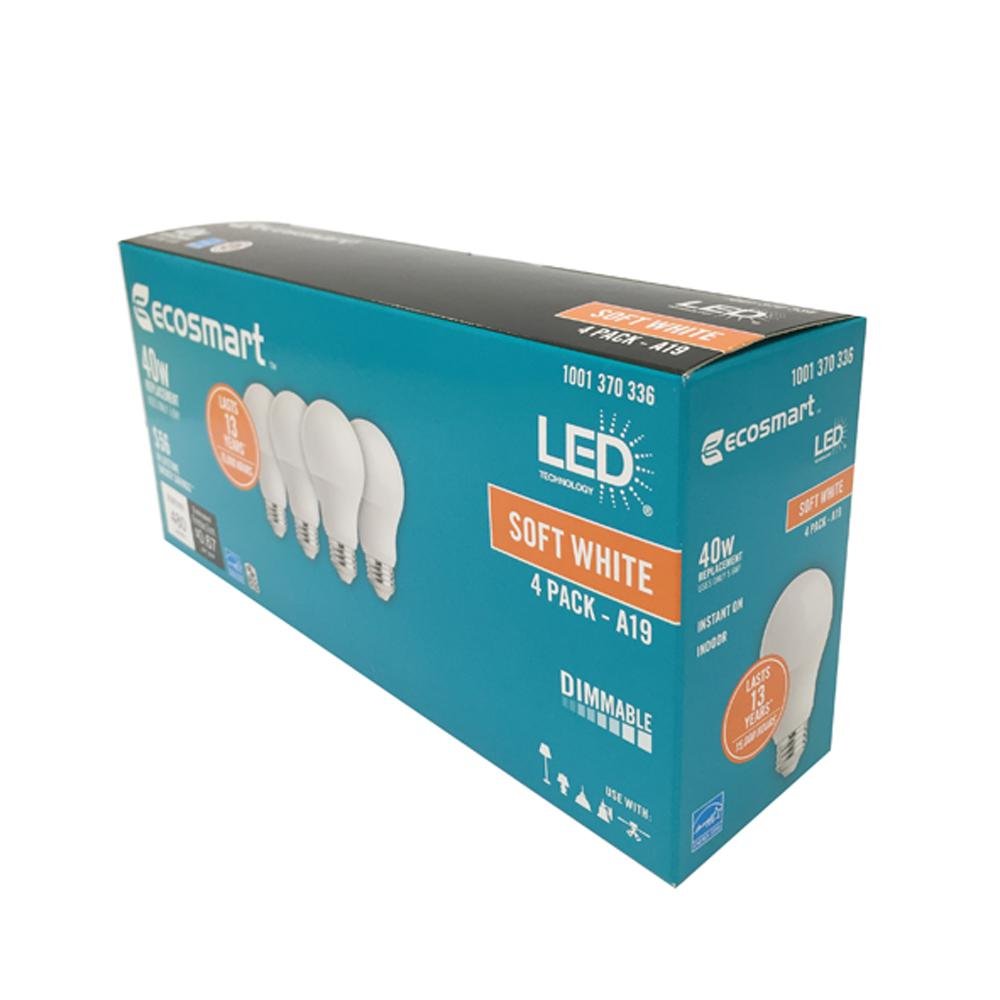 EcoSmart 4-pack LED A19 delivers 2700K soft white light for warm ambience.