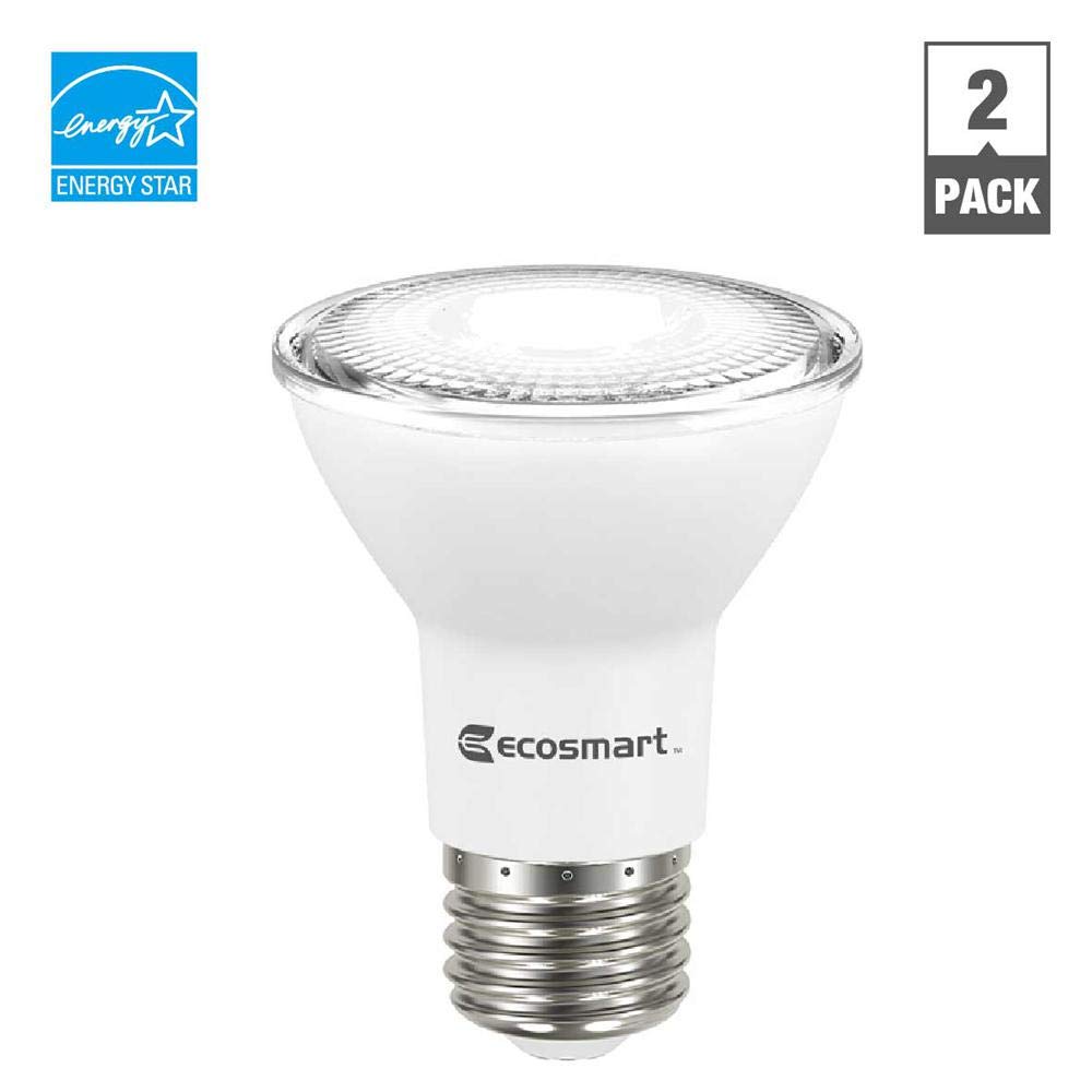 EcoSmart PAR20 2-pack packaging highlighting energy Star efficiency and convenience.