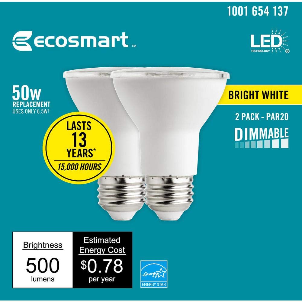 EcoSmart PAR20 450-lumen dimmable LED bulb for crisp task lighting indoors.
