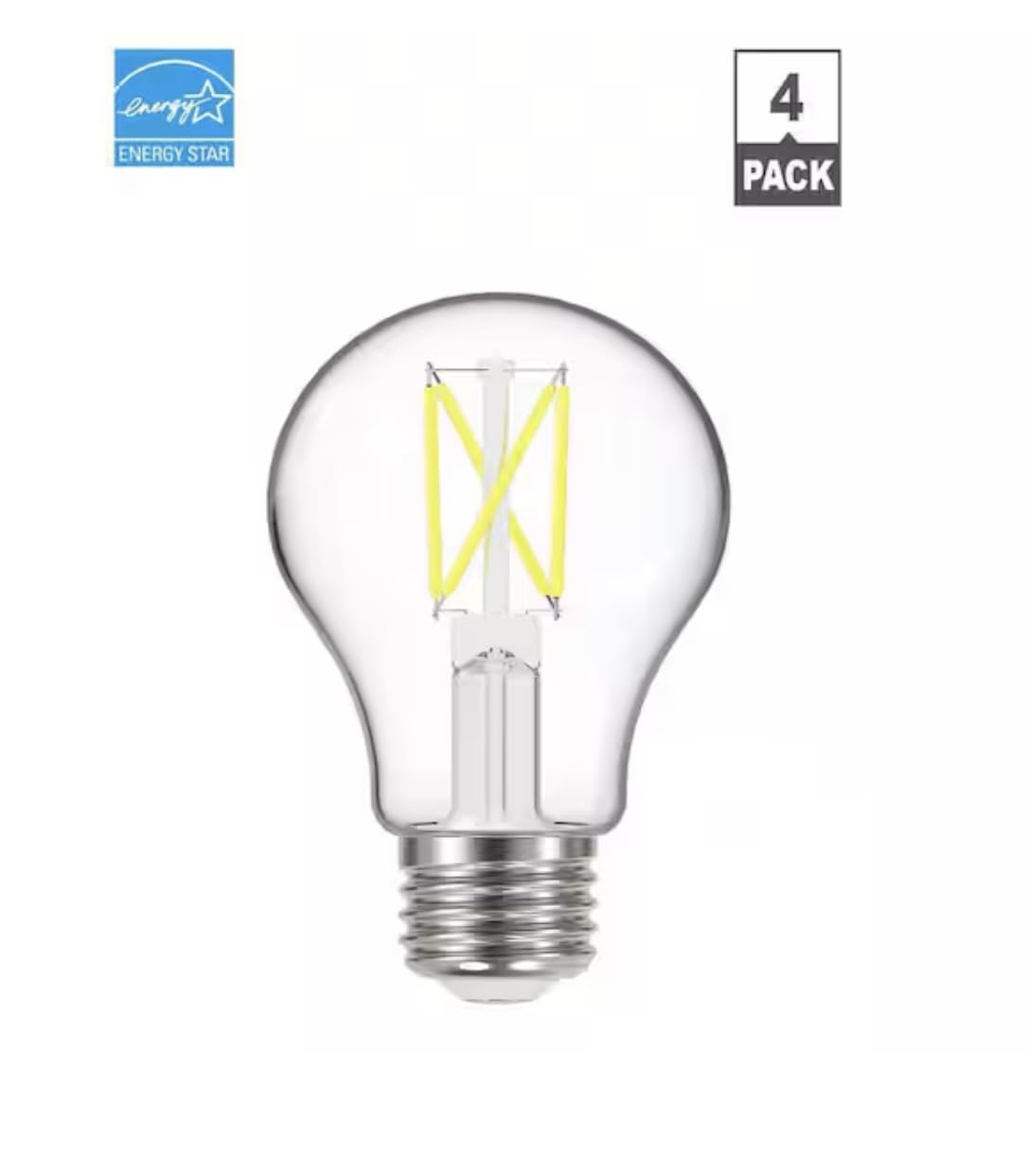 EcoSmart vintage A19 bulb close-up shows warm glow ideal for living spaces.