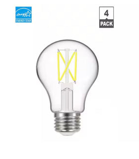 EcoSmart vintage A19 bulb close-up shows warm glow ideal for living spaces.