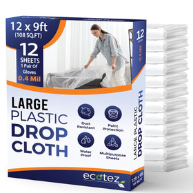Ecotez 12-pack drop cloth protects floors while painting, preventing stains and spills.