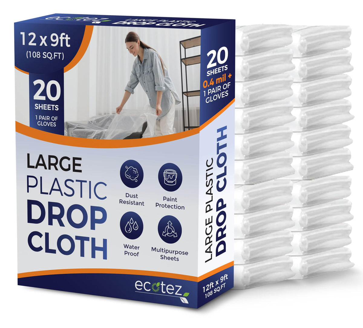 Ecotez 20-pack drop cloth in clear plastic for expansive floor protection during painting.