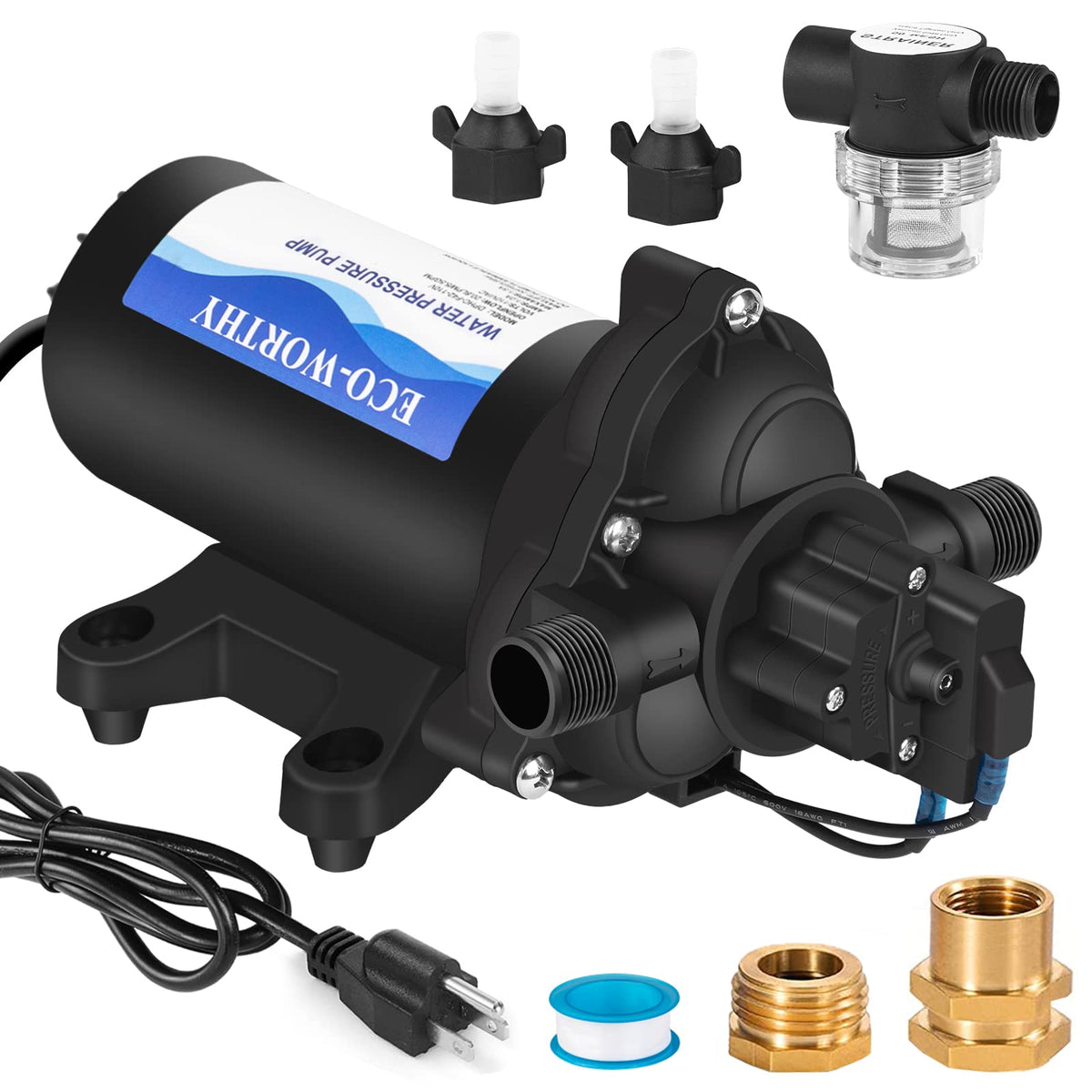 ECOWORTHY 33-Series diaphragm-pump-110v delivers steady RV water pressure.