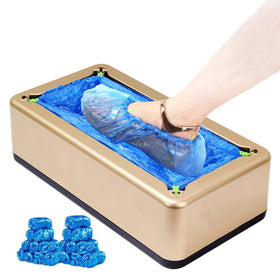 Ecumavin auto shoe cover machine gold front view demonstrates quick, hands-free protection.