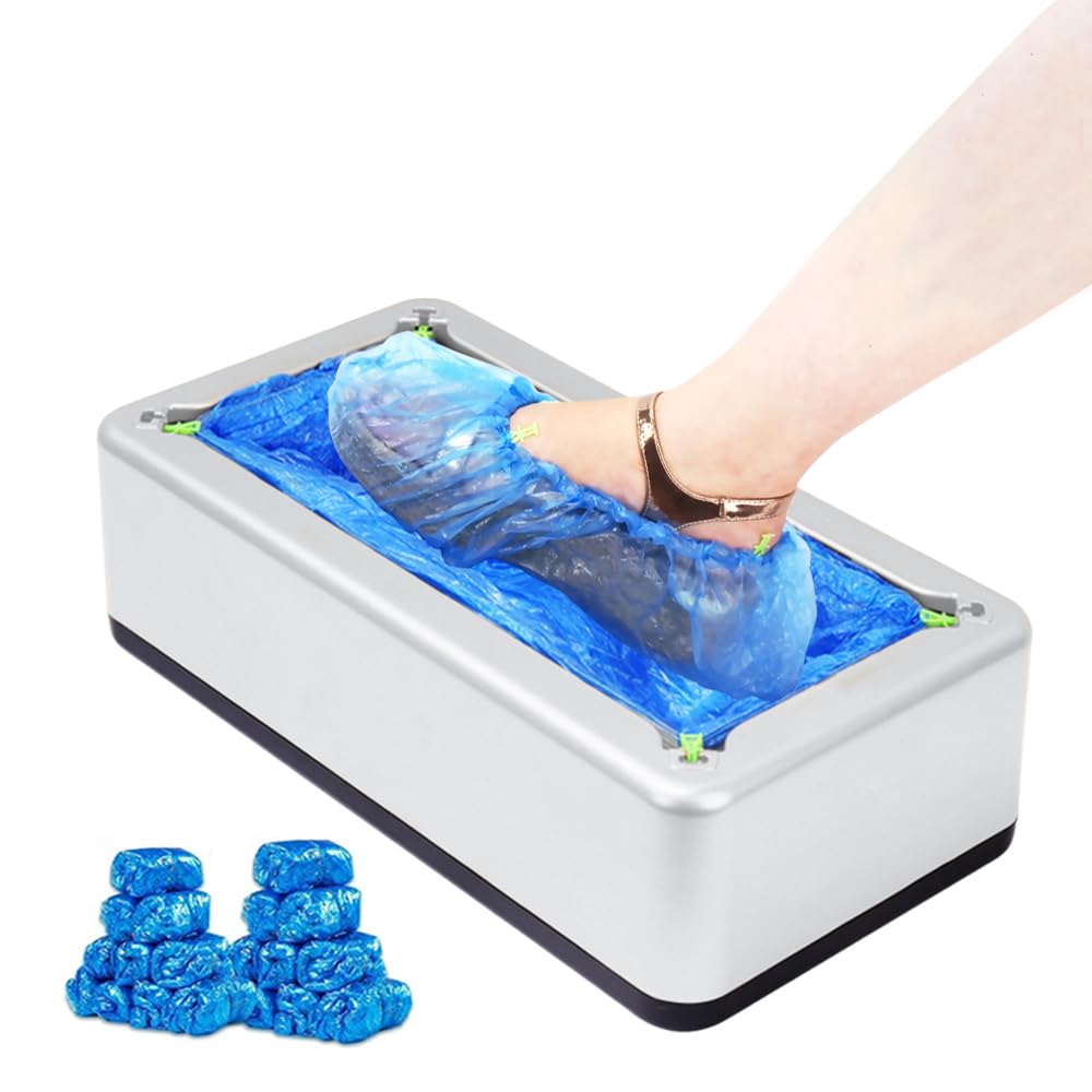 Ecumavin automatic shoe cover machine front view in silver, sleek and compact.