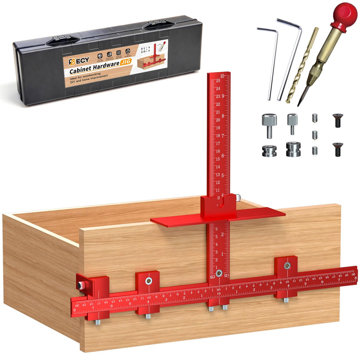 ECY cabinet hardware jig front view for precise handle alignment.