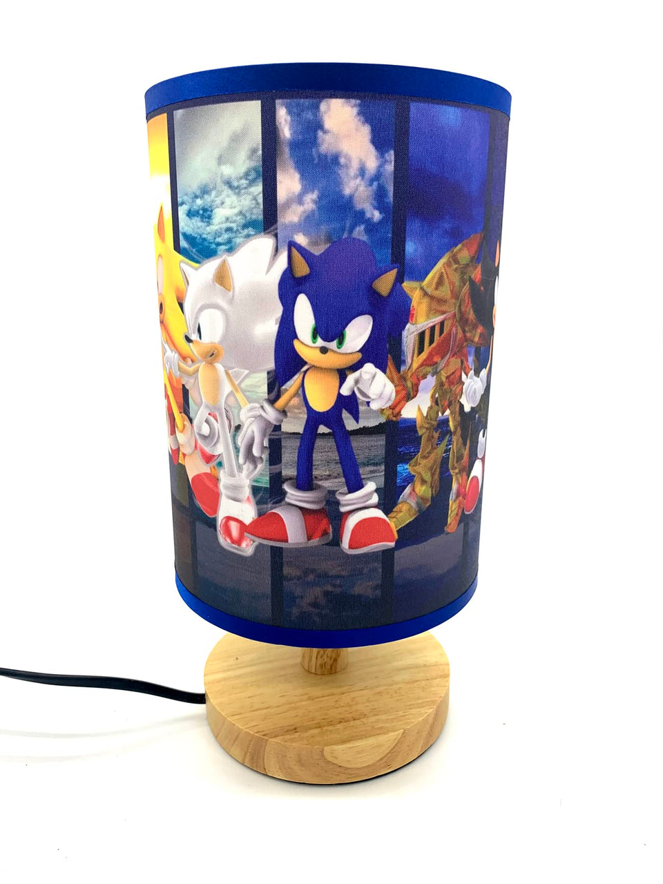 EDecor Super Sonic table lamp with wood base glows softly for ambience.