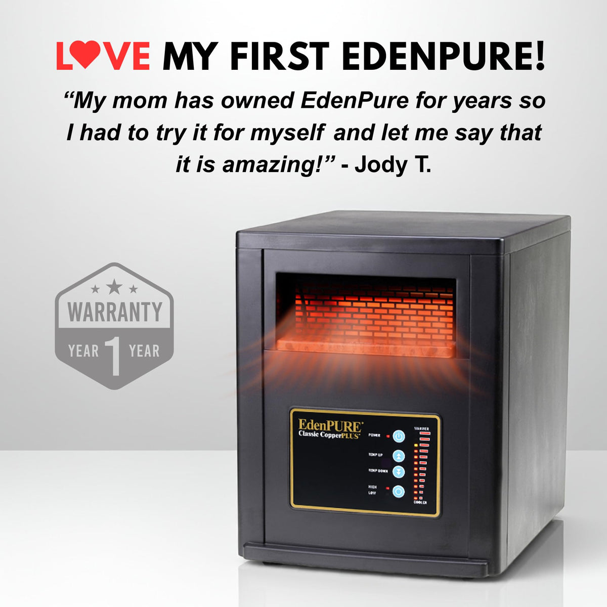 EdenPURE Classic CopperPLUS in-room warmth demonstrates comfortable heat in a living space