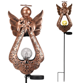 Edenseelake Angel Solar Light Stake with crackle glass globe lighting a garden at dusk