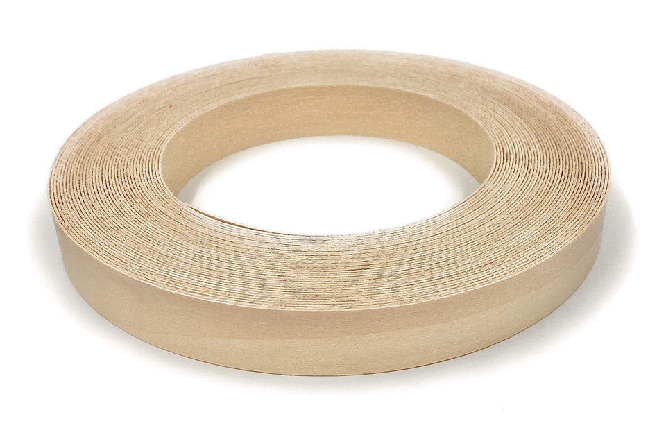 Edge Supply Birch pre-finished edge banding roll 50ft showing seamless cabinet edge finish