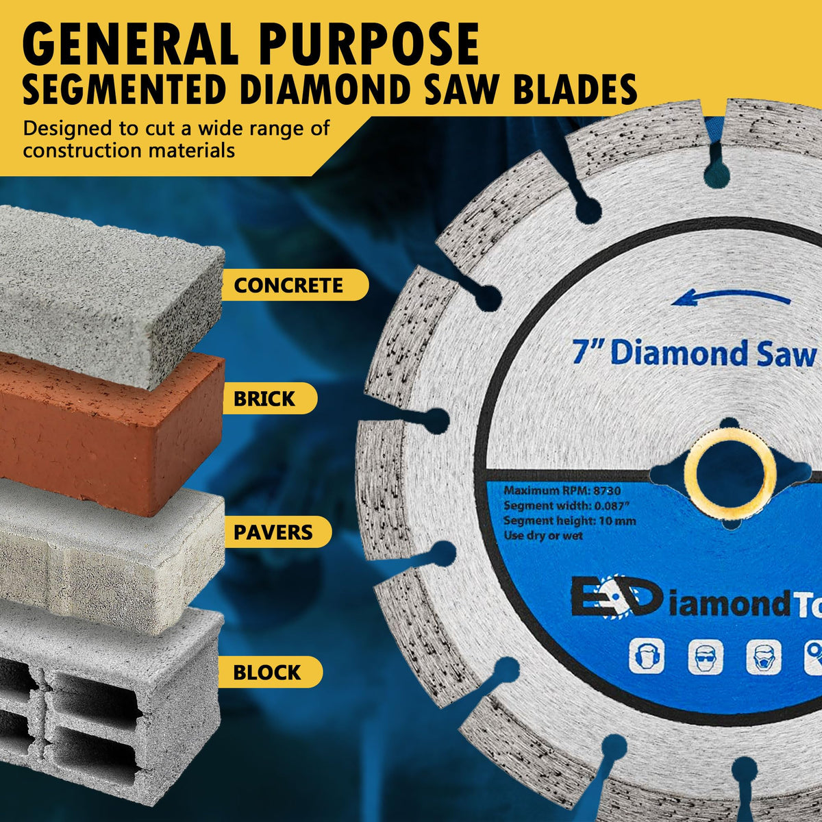 EDiamondTools 7-inch segmented blade slices brick smoothly for masonry work.