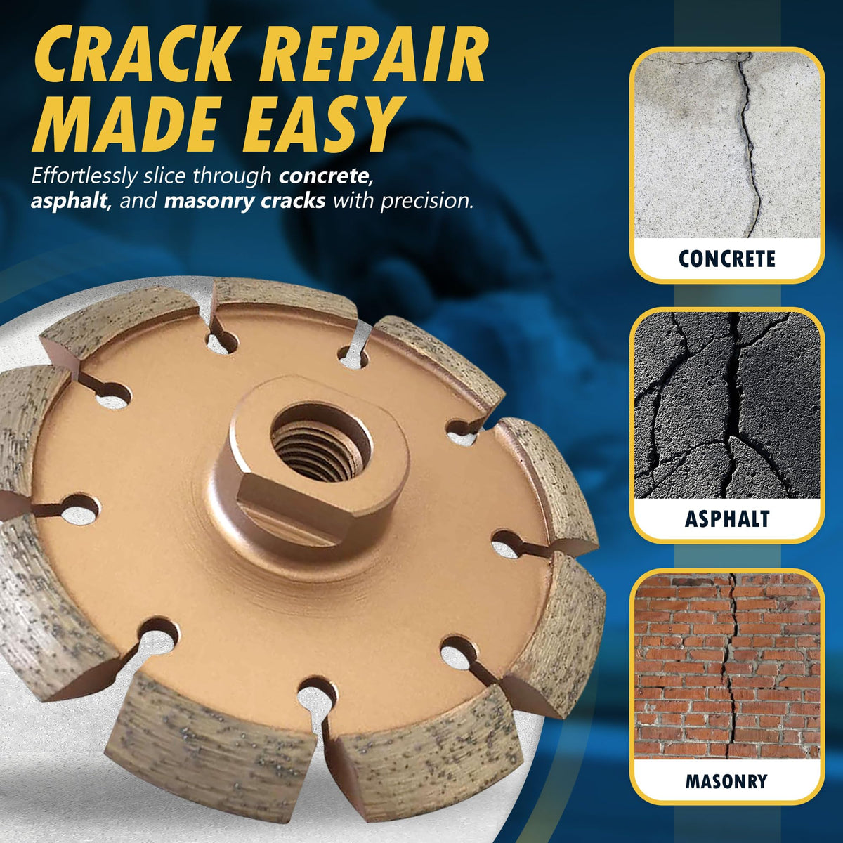 Close-up of EDiamondTools crack chaser blade near 5/8-11 arbor, highlighting secure attachment.