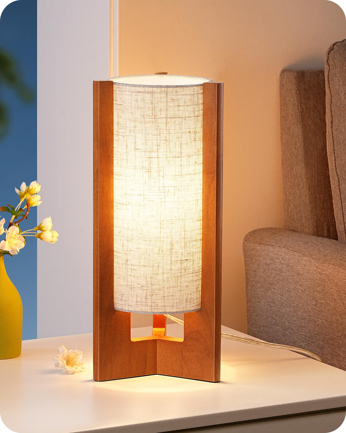 EDISHINE table lamp with walnut base provides sturdy nightstand lighting.