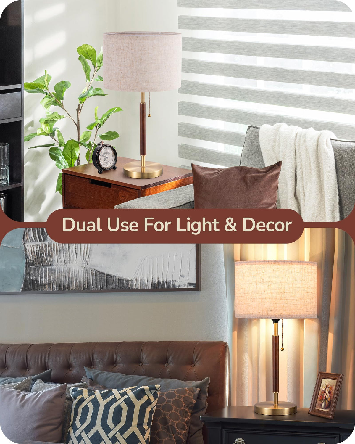 EDISHINE pull-chain bedside lamp showing easy on-off control at night.
