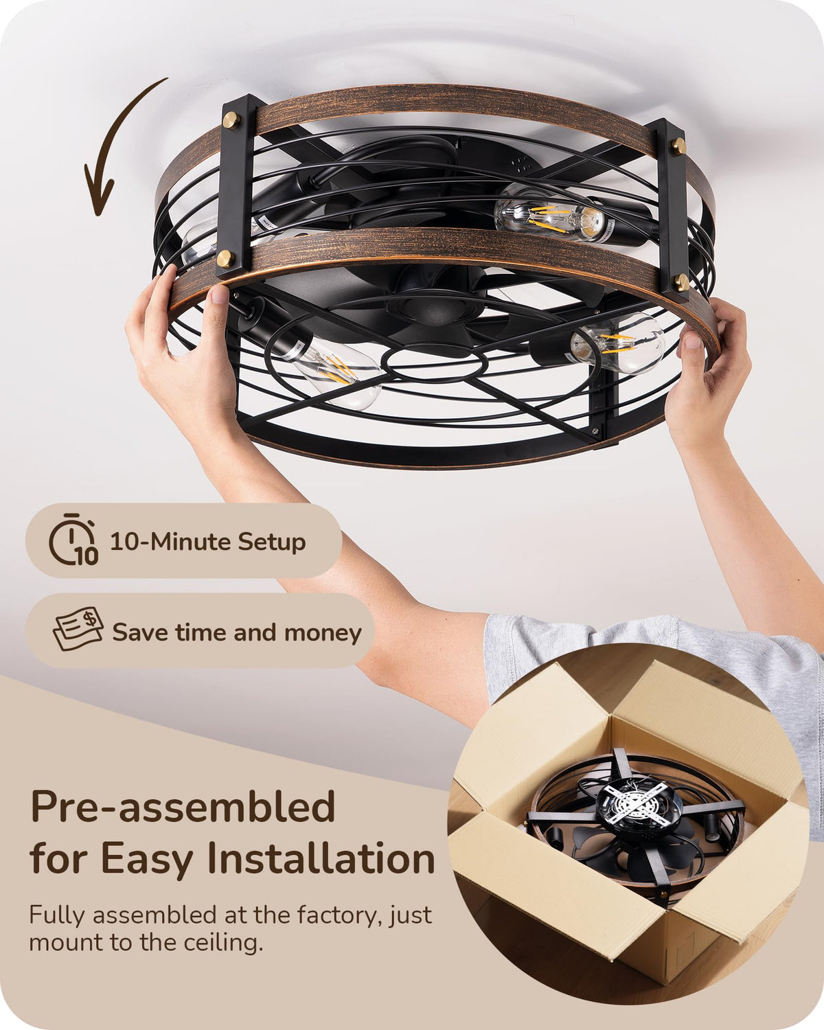 EDISHINE brushed gold farmhouse fan adds rustic charm to any room