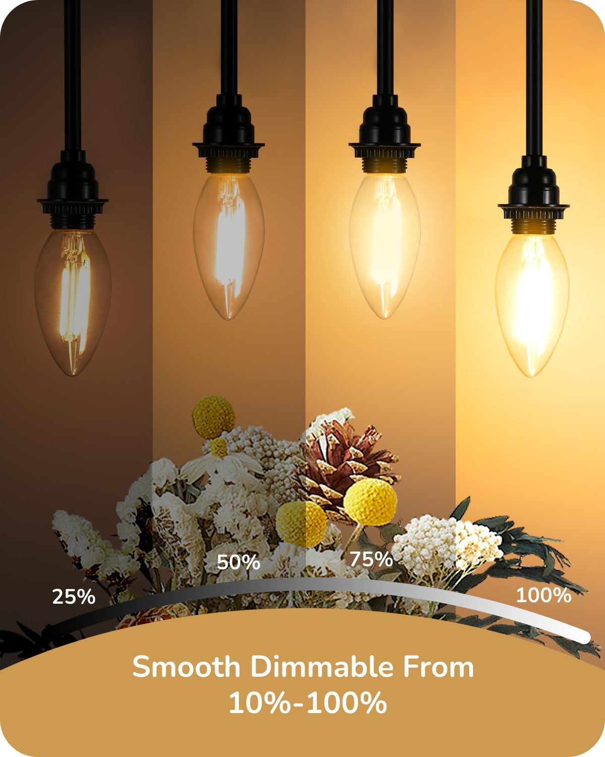 Dimmable EDISHINE E12 bulb casting 10–100 percent brightness without buzzing