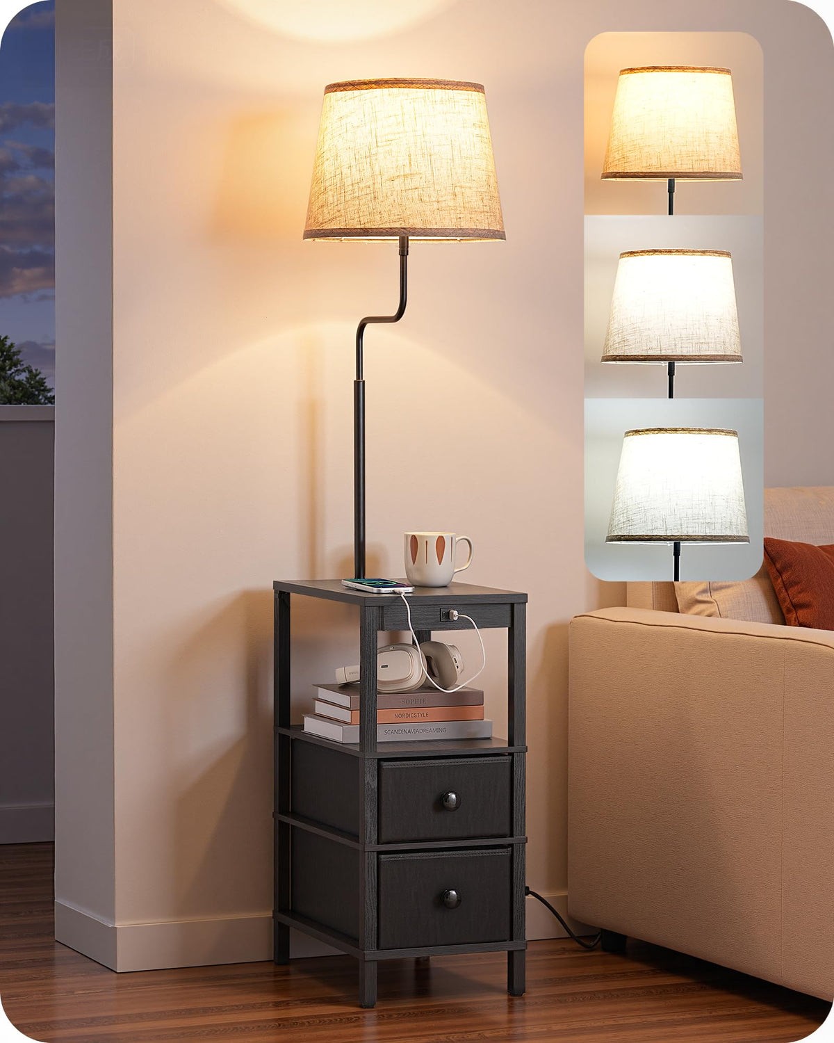 EDISHINE floor lamp with table, front view, compact lighting and surface for essentials