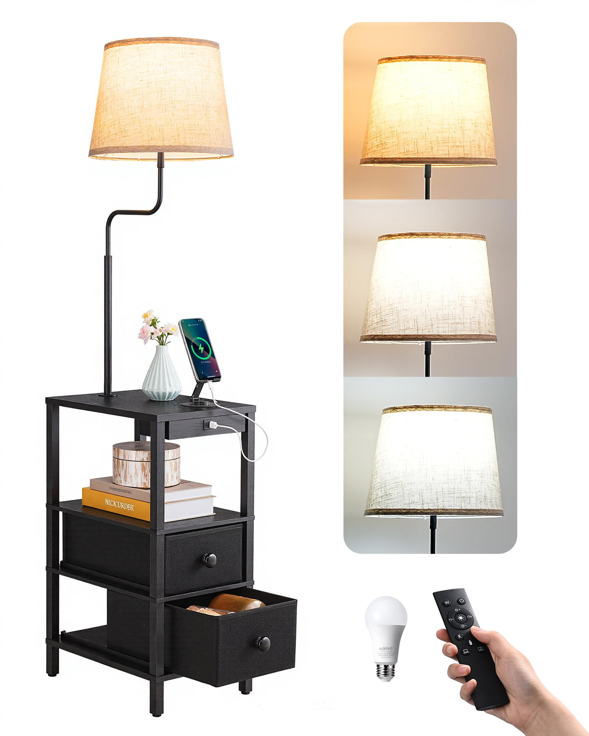 EDISHINE floor lamp with table living room ambience, warm glow with functional surface
