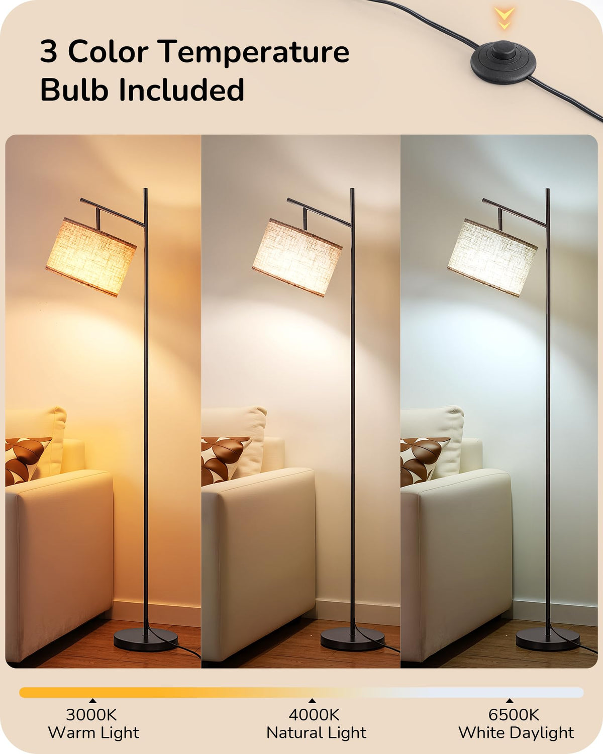 EDISHINE floor lamp includes 3CCT LED bulb for customizable warmth