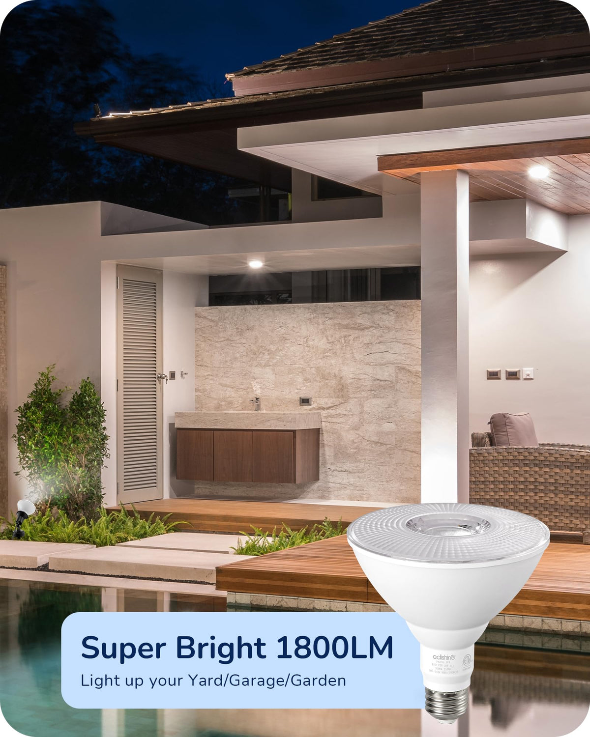 EDISHINE PAR38 LED flood light offers IP65 waterproof protection for all-weather use.