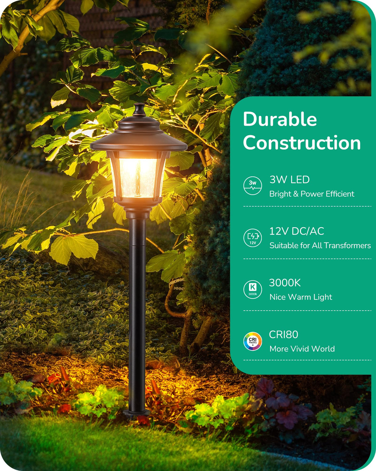 EDISHINE 12V pathway light—3W, 120LM, warm 3000K ambiance for evenings.