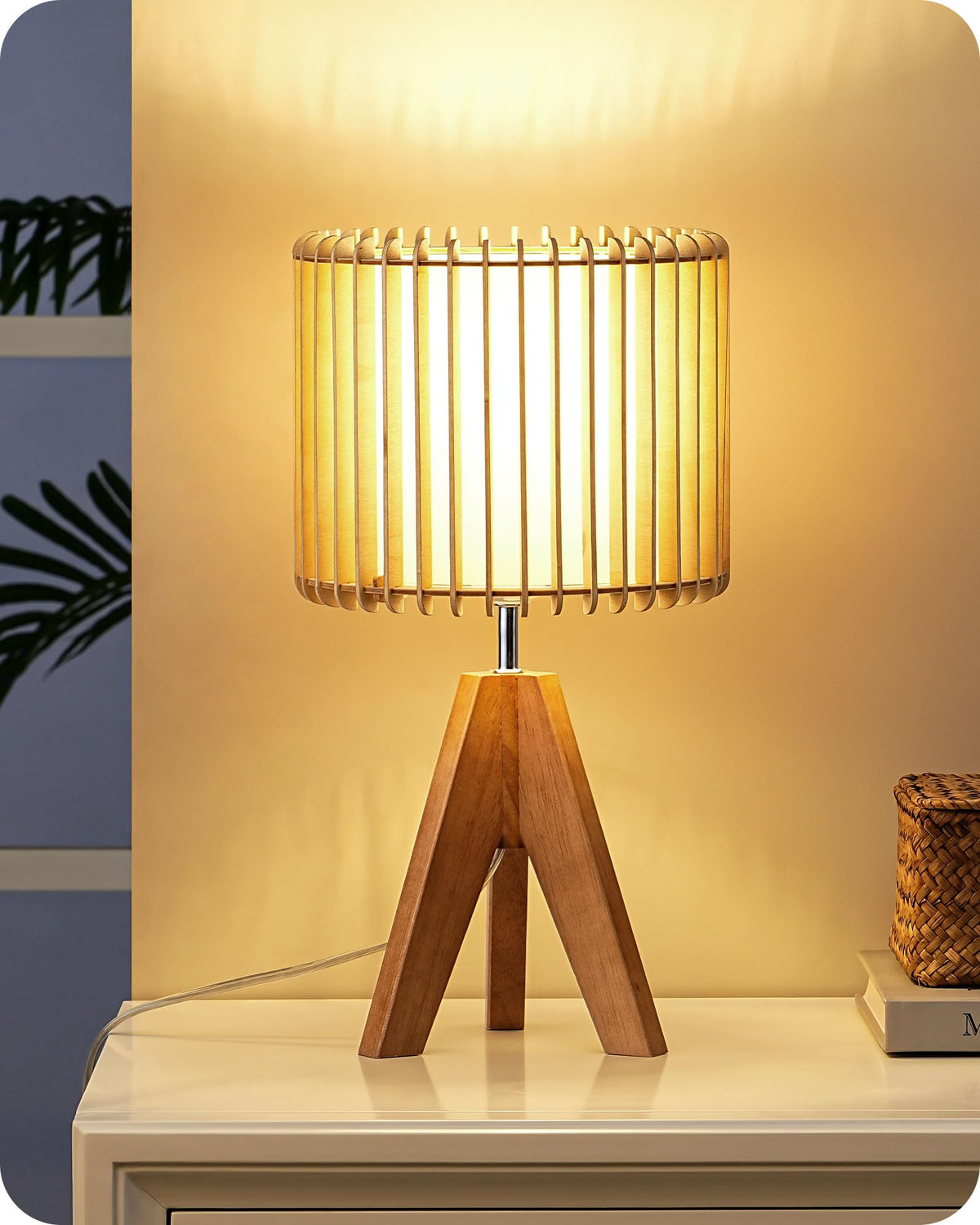 EDISHINE wood tripod table lamp overall view with warm, eye-friendly illumination for bedside use.