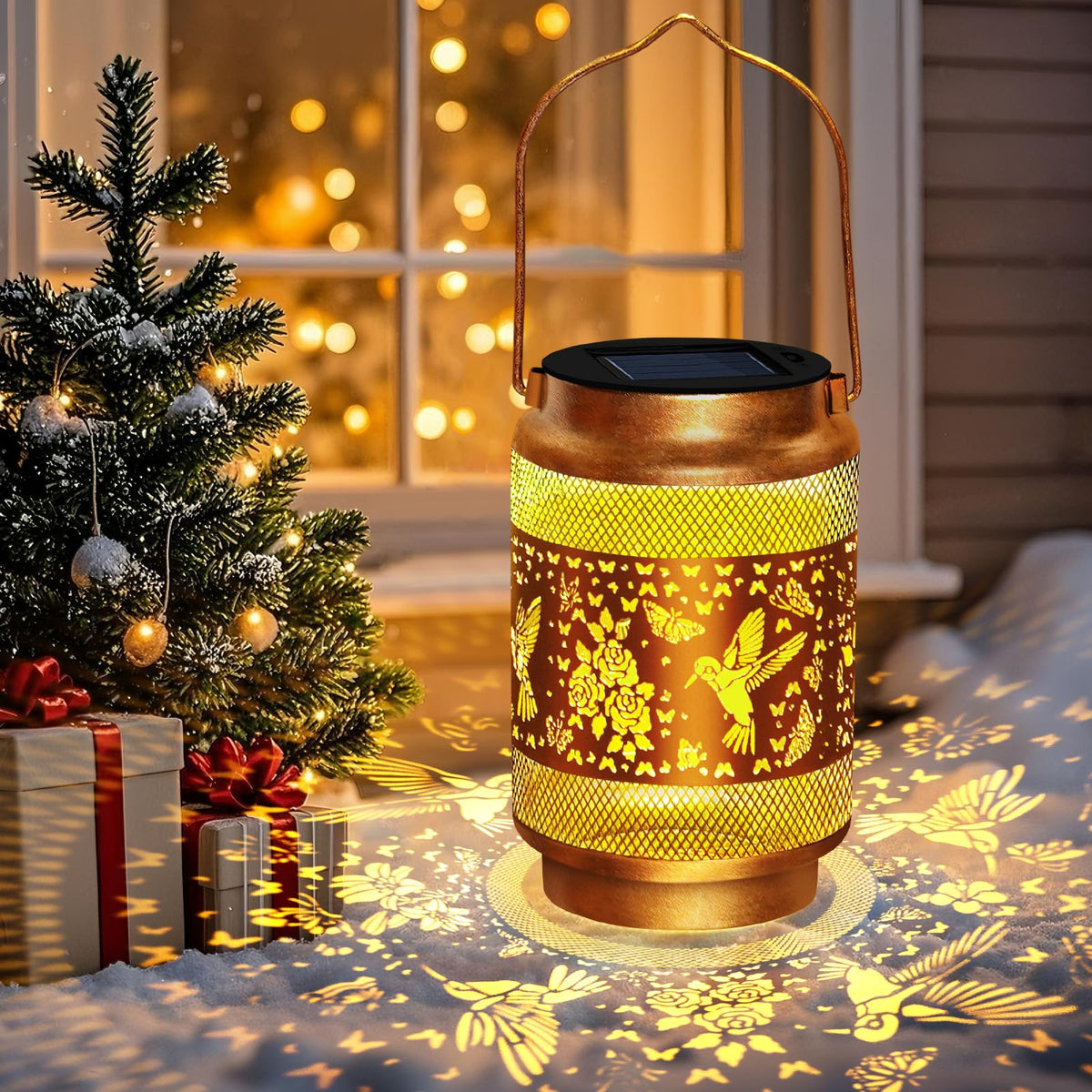 EDOF hanging solar lantern shows delicate hummingbird and flowers, perfect for yard or balcony decor.