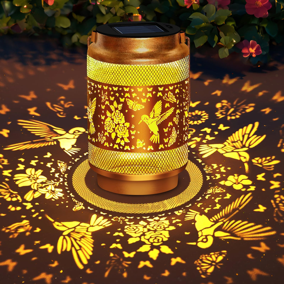EDOF solar hummingbird lantern with gold copper finish, ideal for patios and garden ambience.