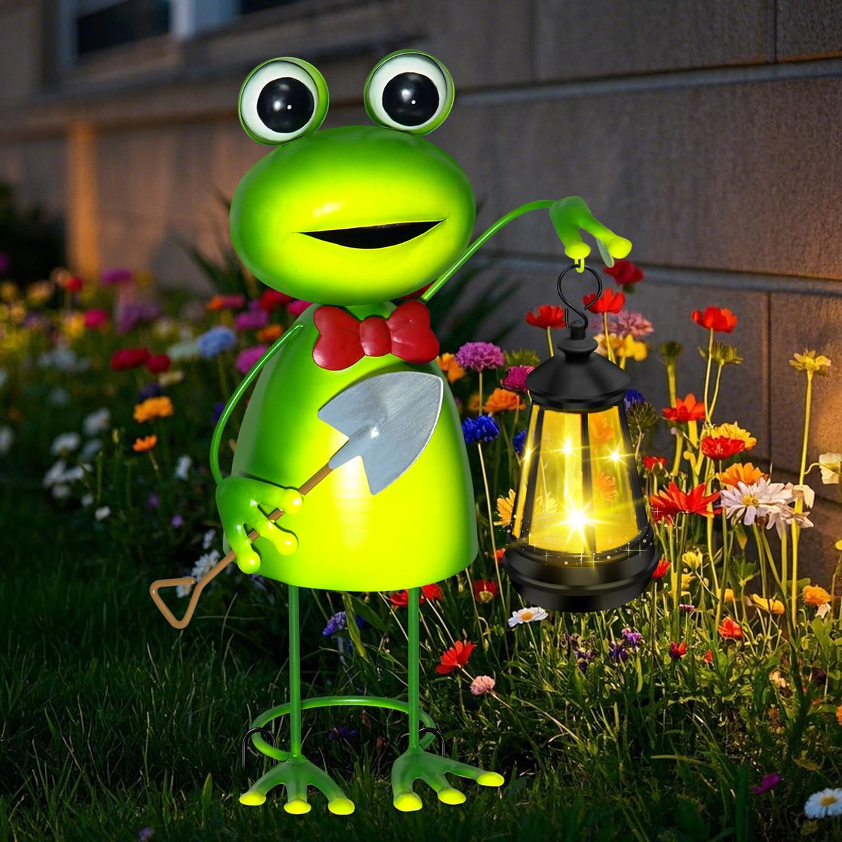 EDOF solar frog lantern held by the statue lights garden paths at night
