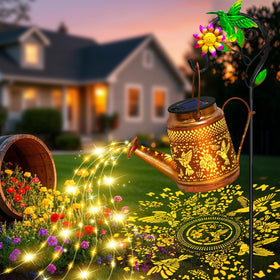 EDOF solar watering can lights illuminate outdoors with hummingbird lanterns for charming evenings.