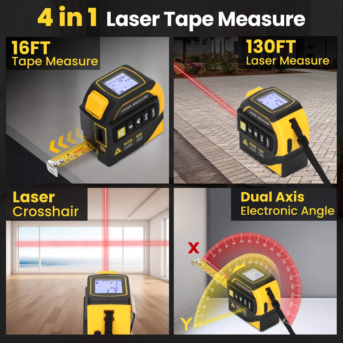 Edovaf 4-in-1 laser tape measure side view highlighting integrated level and crosshairs.