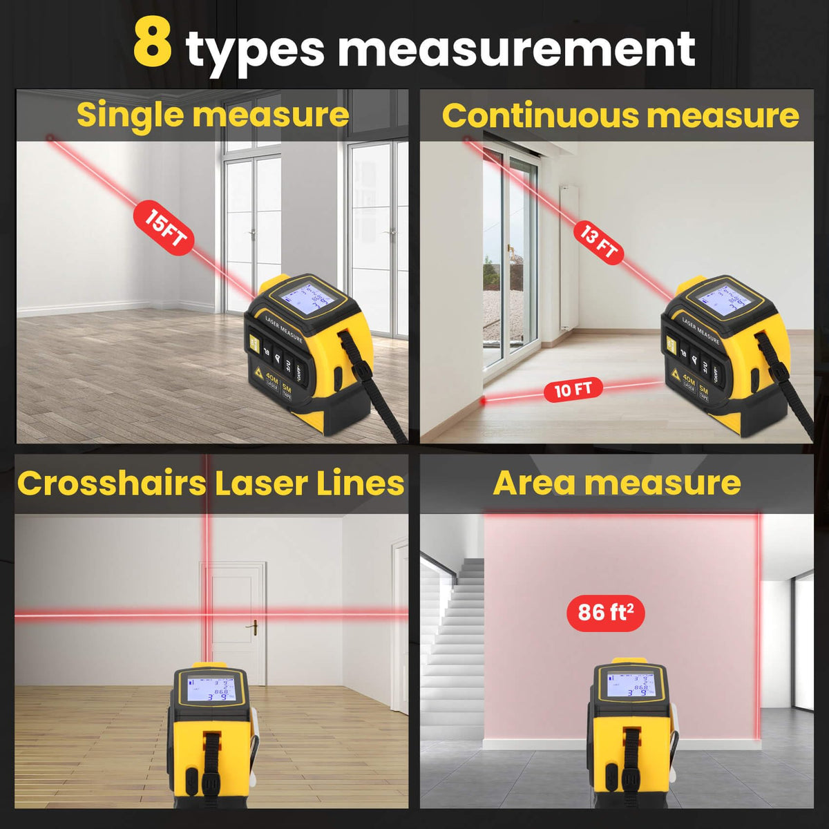 Edovaf 4-in-1 laser tape measure extended tape demonstrates long-range accuracy.