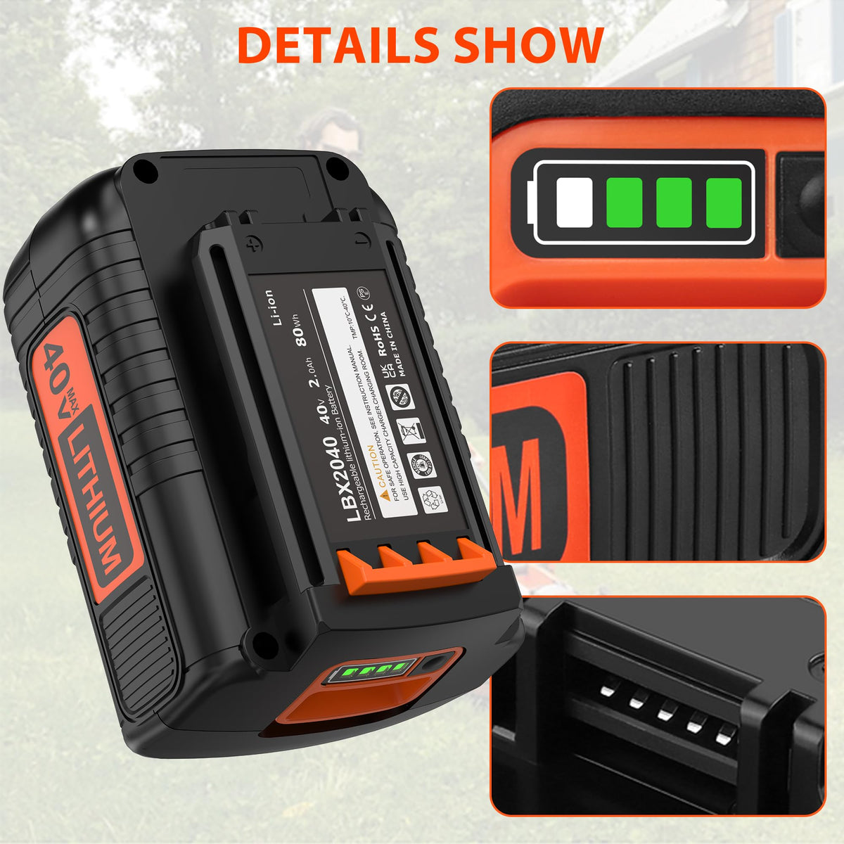 EDRF 40V MAX battery side view, built for durable performance and steady charge