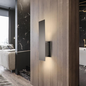 Edwarmlux two-light sconce close-up showing sleek matte-black finish