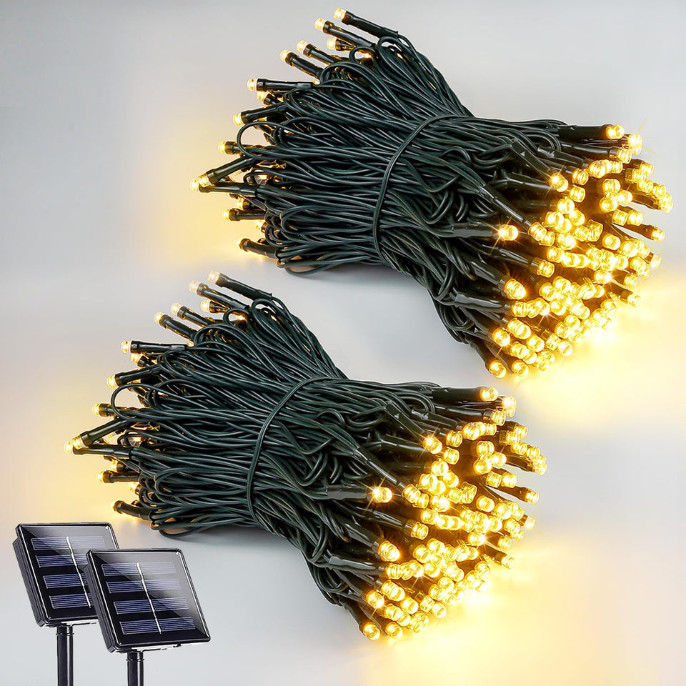 EEW two-string solar lights on 33ft wires for outdoor decoration.