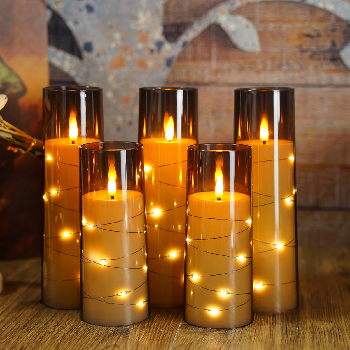 Eebuss flameless candles arranged on dining mantel for elegant display