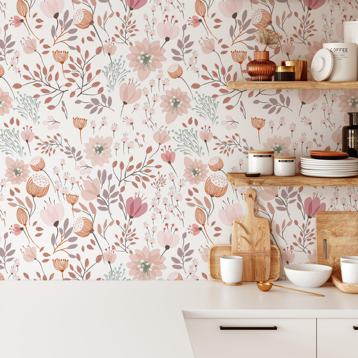 Eedvrko pink floral wallpaper brightens kitchens and backsplashes.